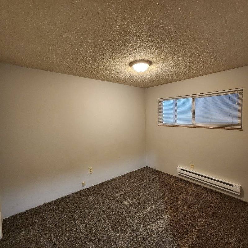 an empty room with a window and a carpet