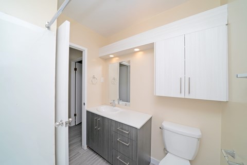 A bathroom with a toilet, sink, and cabinets.