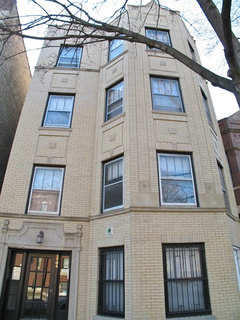 a tall brick building with many windows and a tree