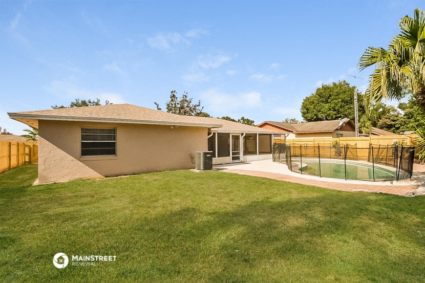 a backyard with a pool and a house