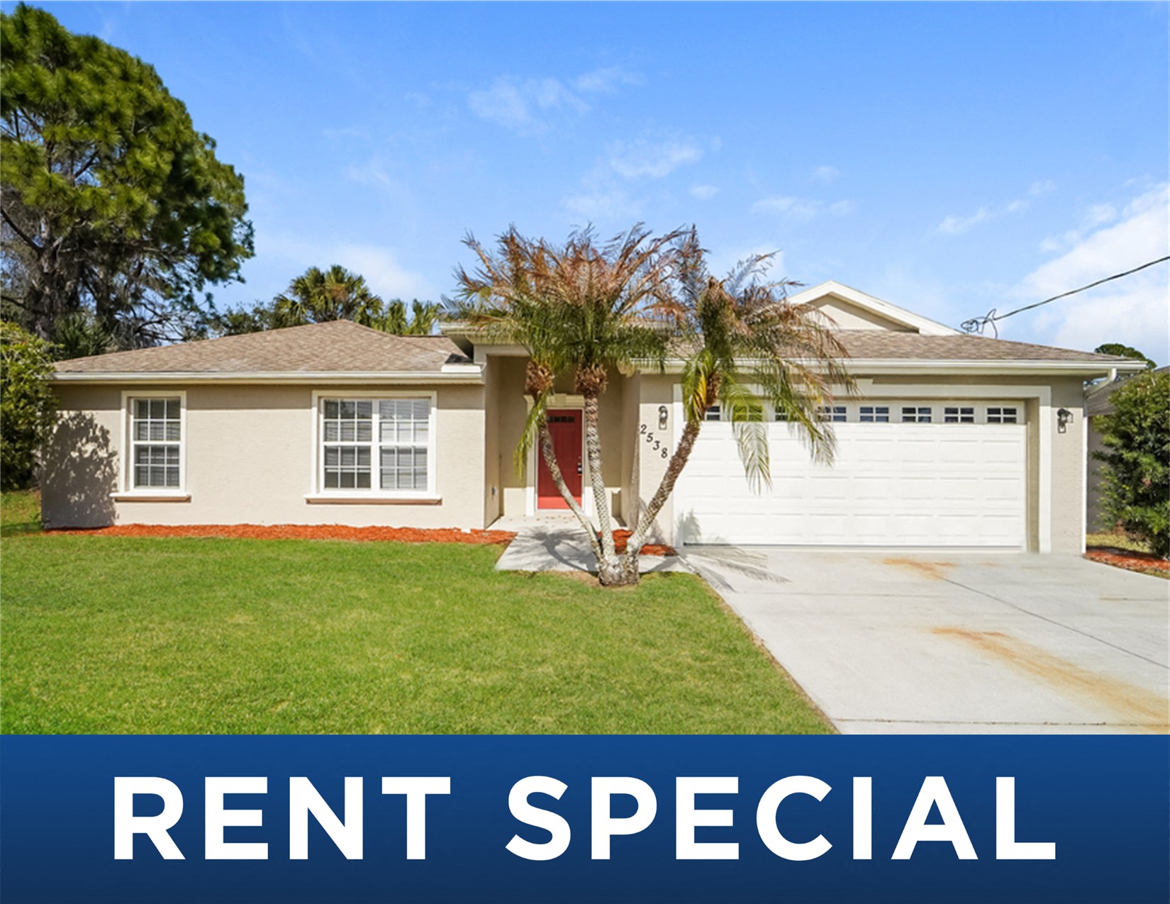 a house with a palm tree in front of a lawn