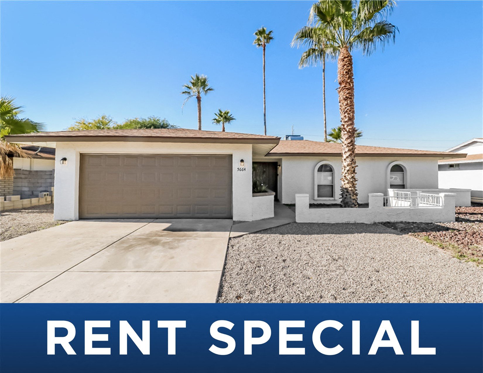 a house with a palm tree in front of it and a rent special sign