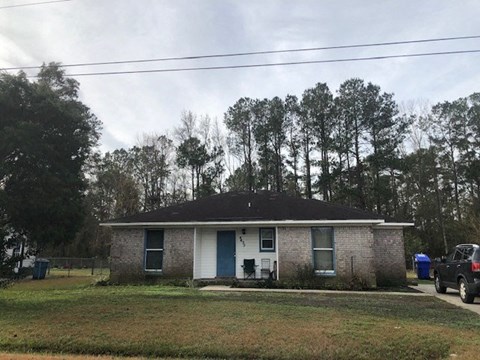 A small house with a white door and a blue door is surrounded by trees.