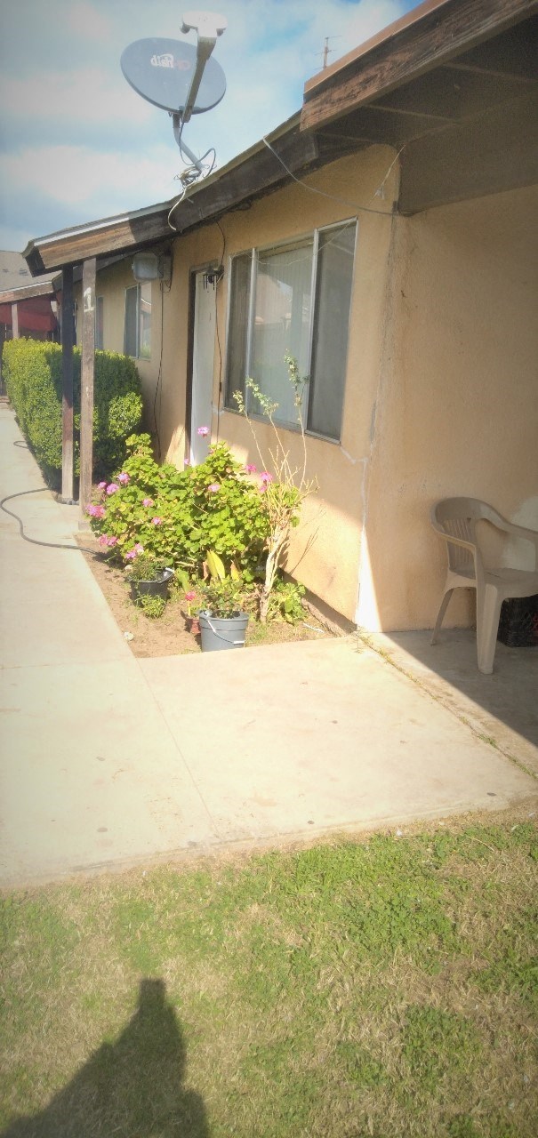 a patio with a chair and plants in front of a house