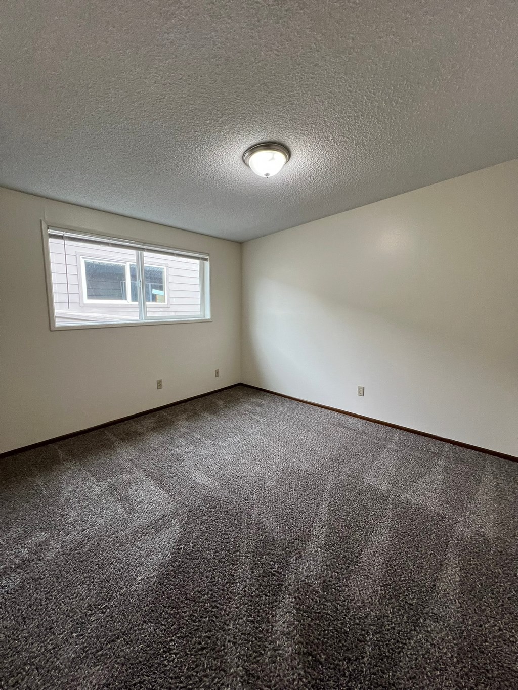 A room with a carpeted floor and a window.
