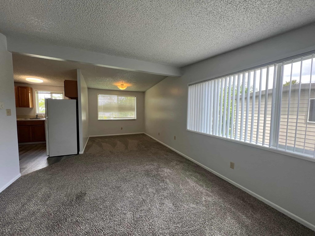 A room with a carpeted floor and a window with blinds.