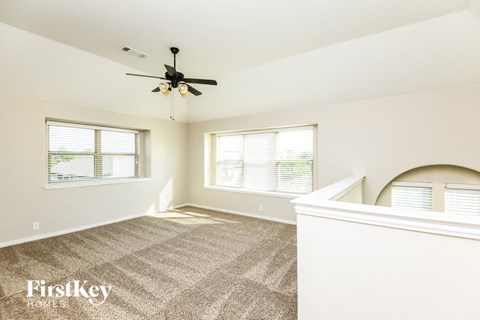 A room with a carpet floor, a ceiling fan, and two windows.