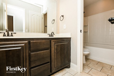 A bathroom with a mirror, sink, and wooden cabinet.