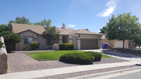 A house with a brown roof and a white garage door.
