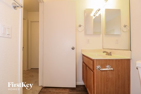 a bathroom with a sink and mirror and a toilet
