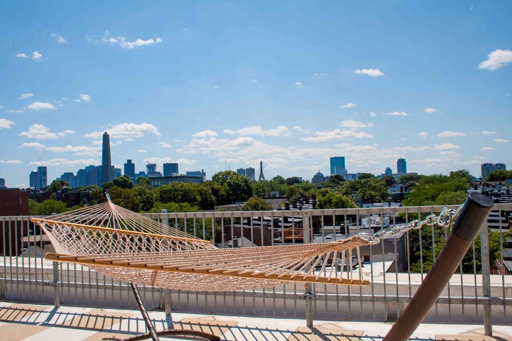 a hammock on the roof of a building with the city skyline in the background