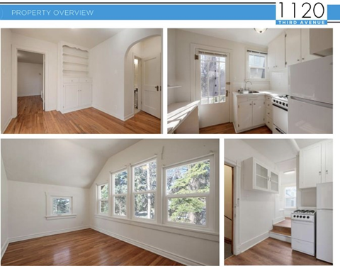 four pictures of a renovated kitchen with white cabinets and wood floors