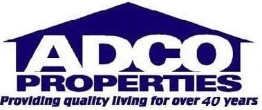 the logo of a dc properties company with a blue house