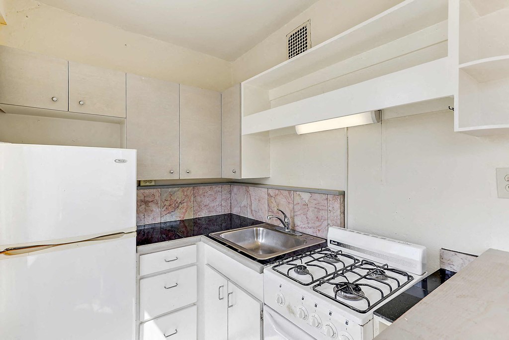 a kitchen with a stove and a sink and a refrigerator