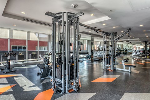 a gym with cardio machines and weights on the floor