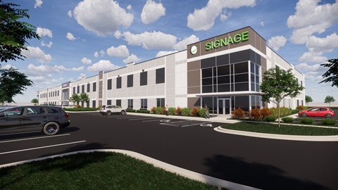 a rendering of a large building with cars parked in front of it