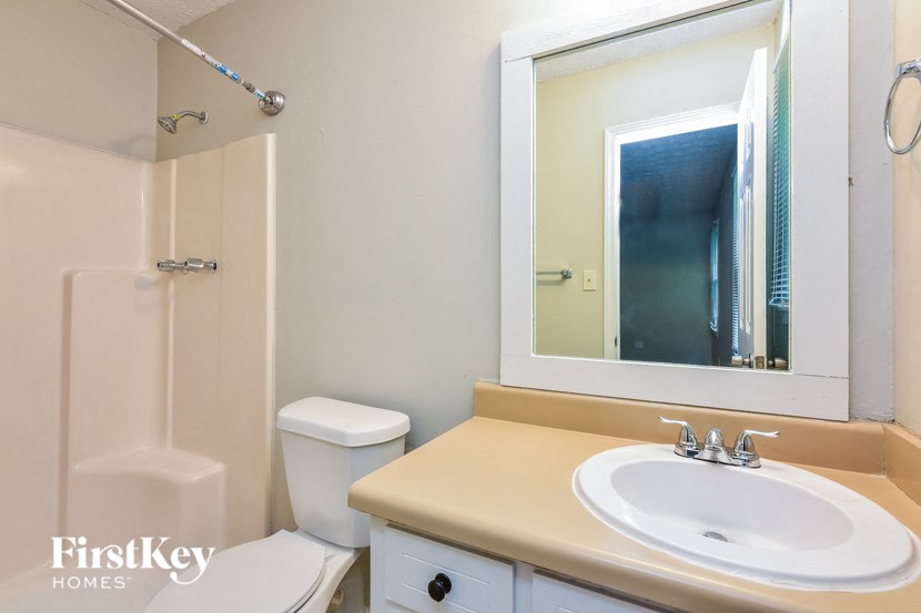 a bathroom with a sink and a mirror and a shower and a toilet