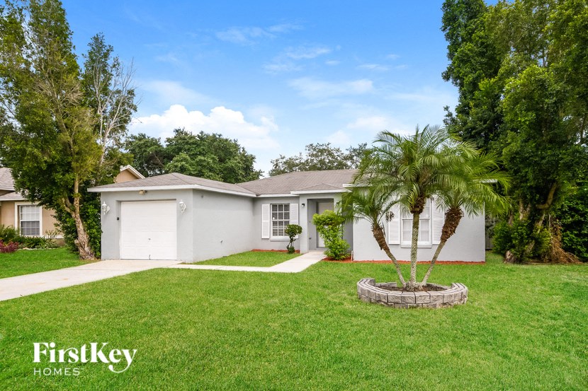 a home with a lawn and palm tree in front of it