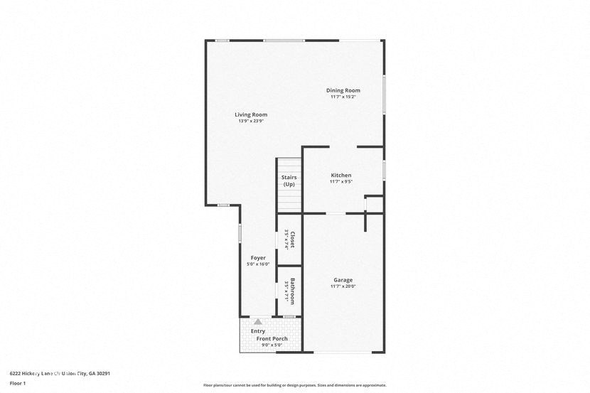 A floor plan of a house with a living room, dining room, kitchen, garage, and entry.