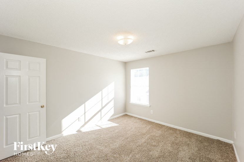 A room with a carpeted floor and a window letting in sunlight.