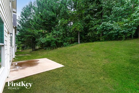 A backyard with a lawn and trees.