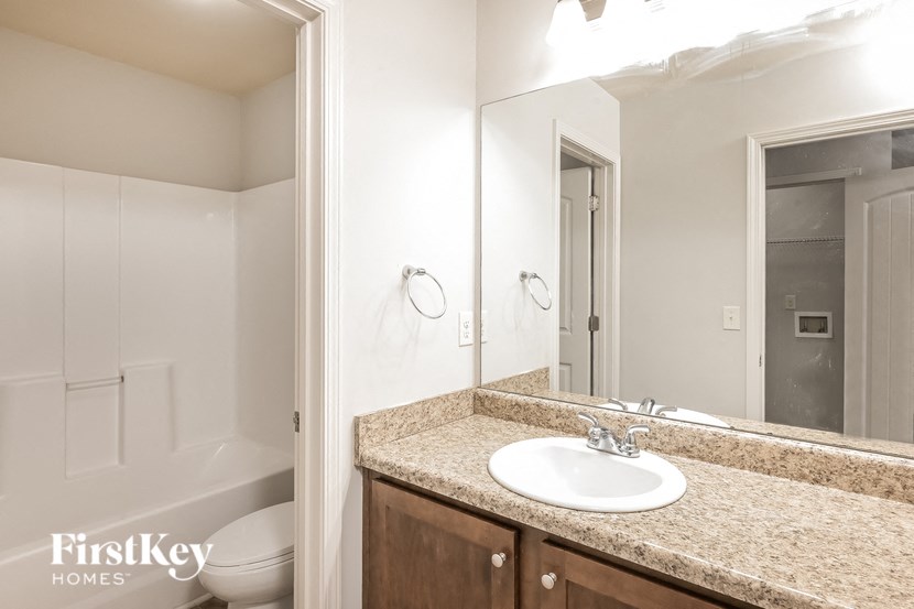a bathroom with a sink and a mirror and a toilet