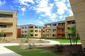 an courtyard between two apartment buildings with green grass