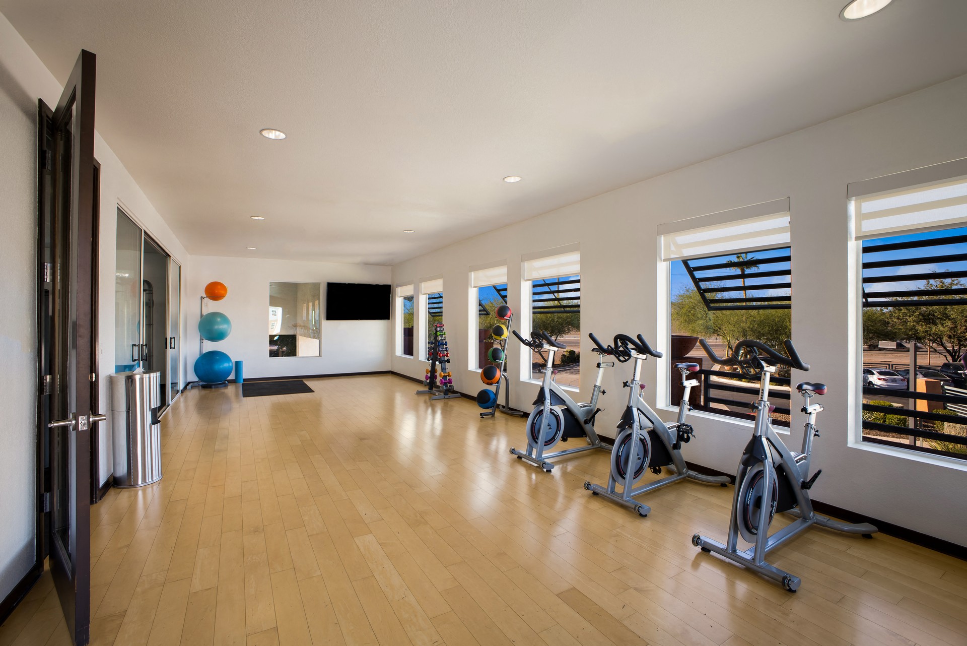 a workout room with treadmills and weights in a home gym