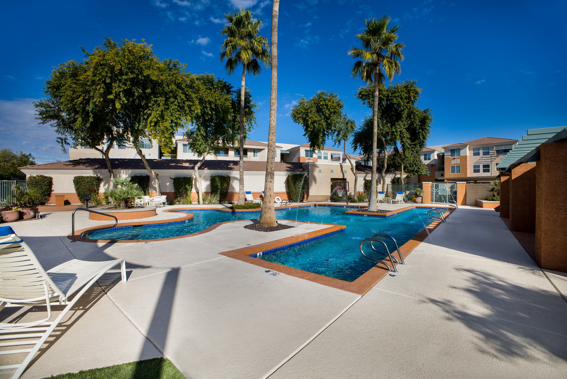a swimming pool with palm trees and buildings in the background