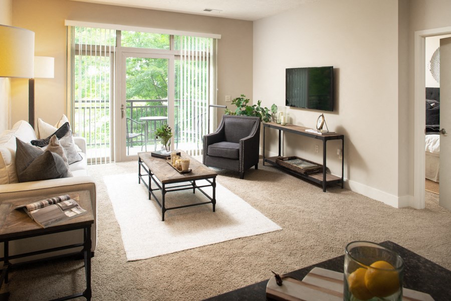 a living room with a couch and a chair and a television