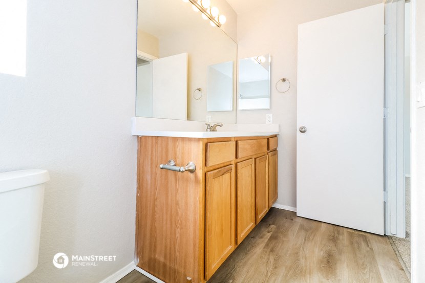 a bathroom with a sink and a mirror and a toilet