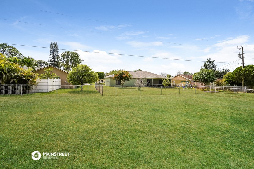 a fenced in yard with a house in the background