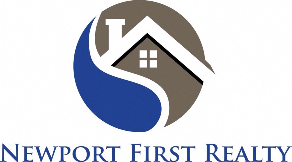 A logo for Newport First Realty featuring a house and swoosh design.