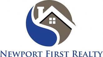 a logo first realty with a house on top of a blue