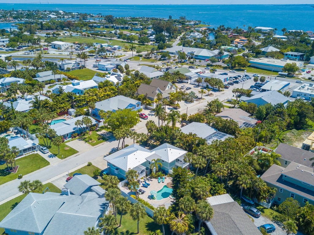 a neighborhood of houses and trees near the ocean