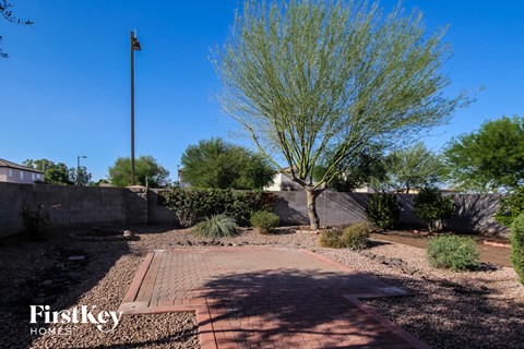 a garden with a tree and a brick walkway