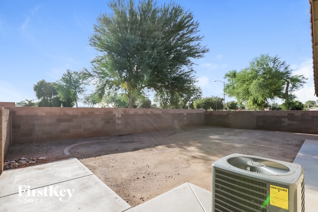 an empty yard with a trash can and a tree