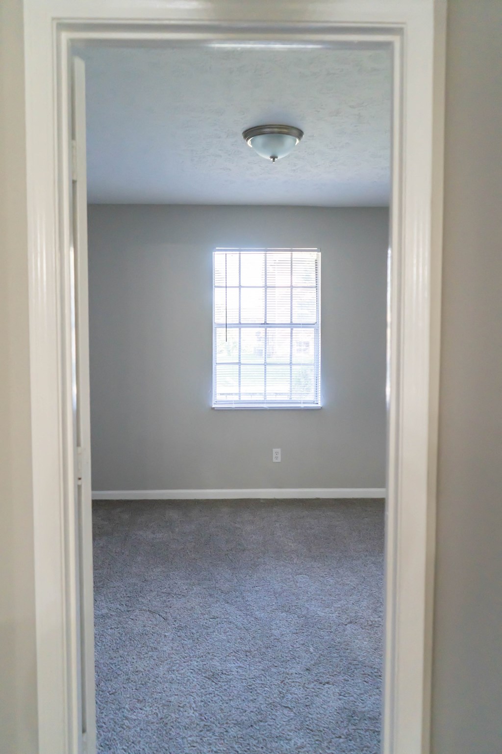 an empty room with a window and a carpet