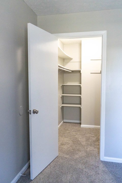 a walk in closet with shelves and a white door
