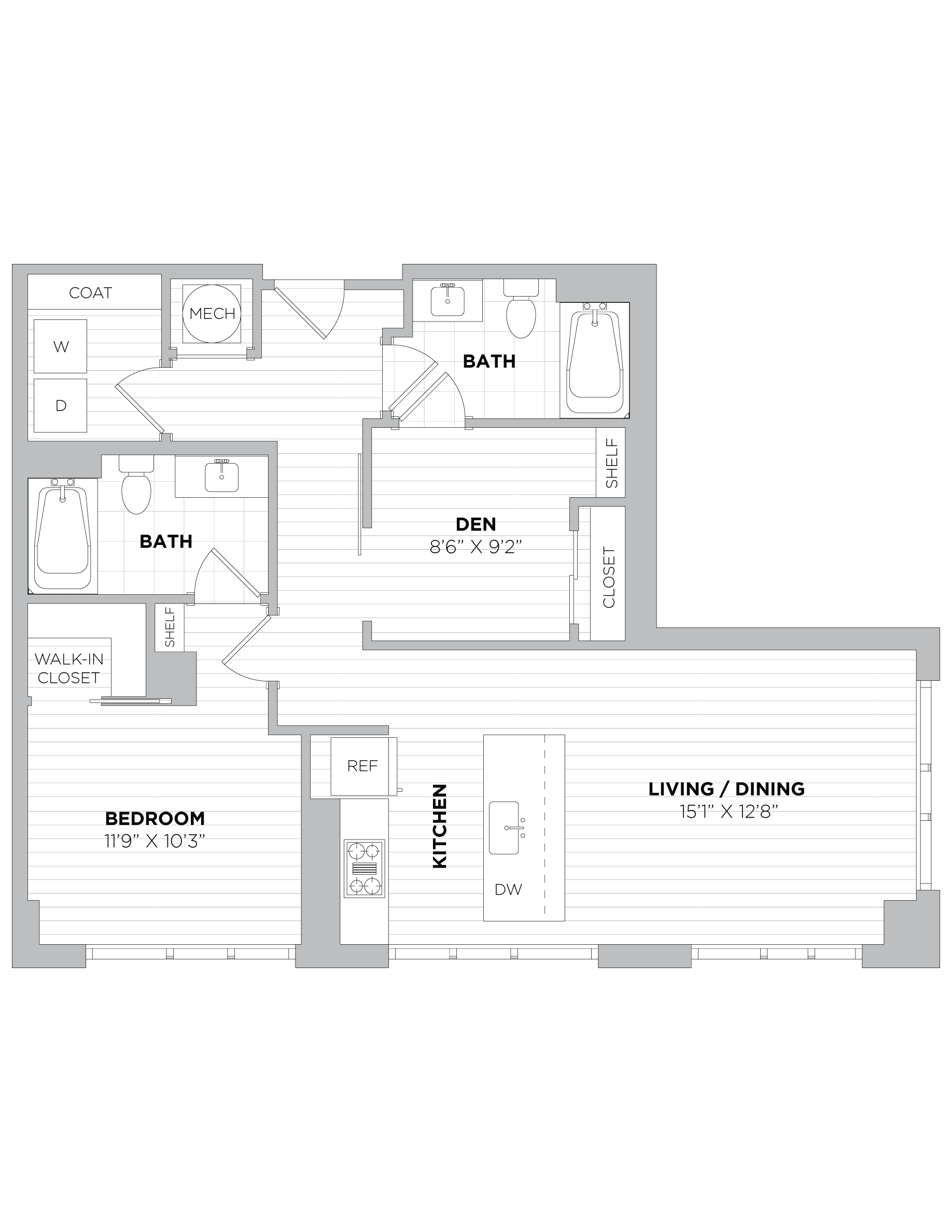 1 Bed/2 Bath Den-1E