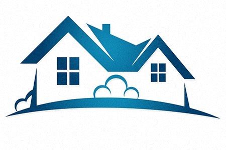 A blue house with a chimney and a cloud is depicted in the image.