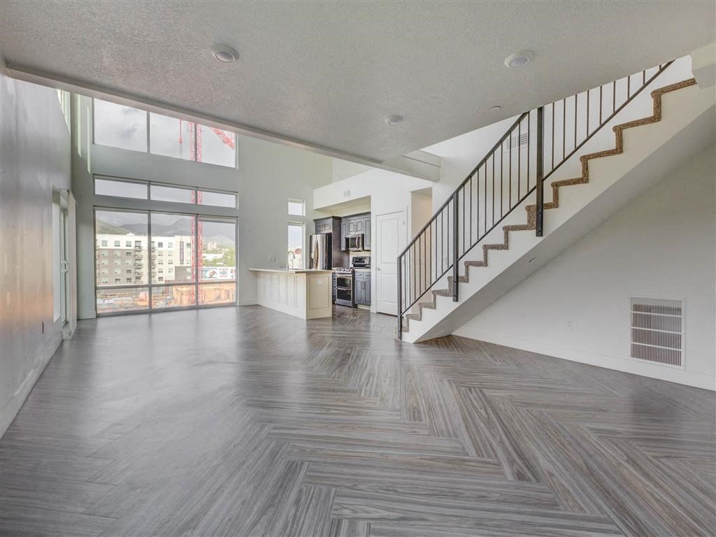 living room with stairs