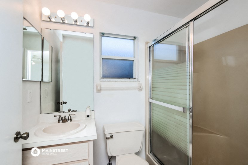a bathroom with a shower toilet and sink and a mirror
