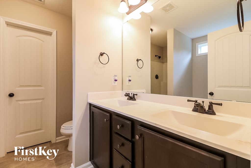 a bathroom with a sink and a toilet and a mirror