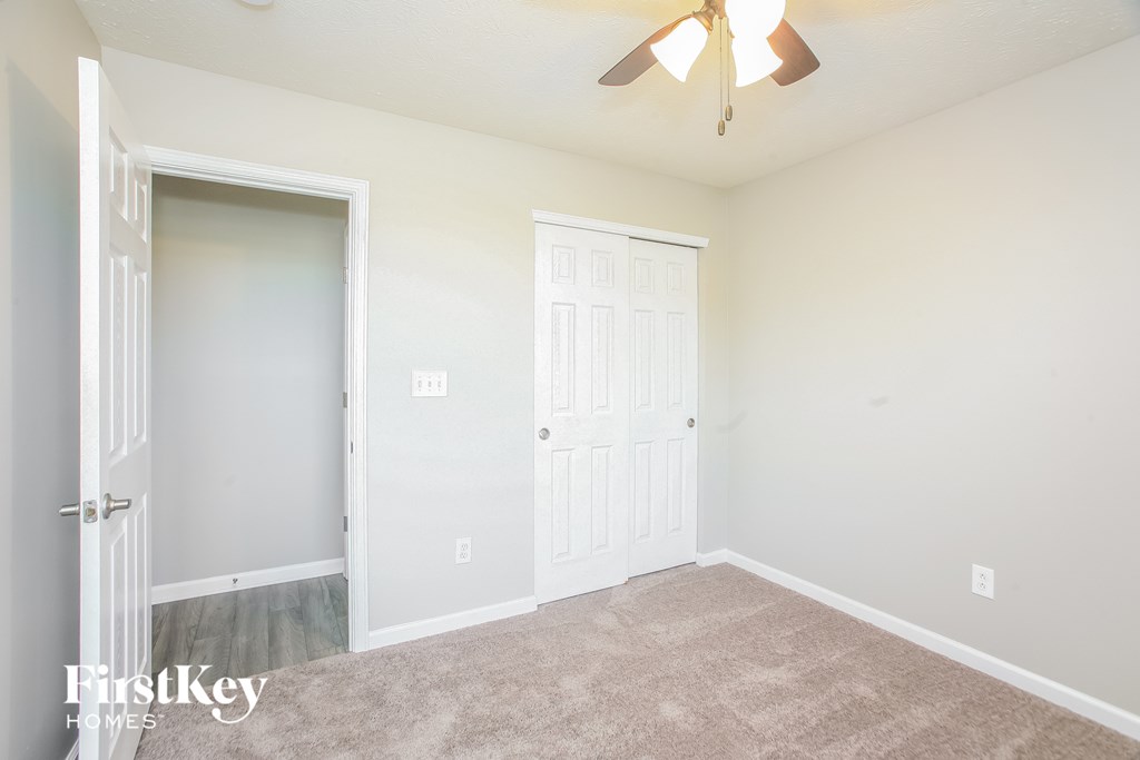 A room with a carpeted floor and a ceiling fan.