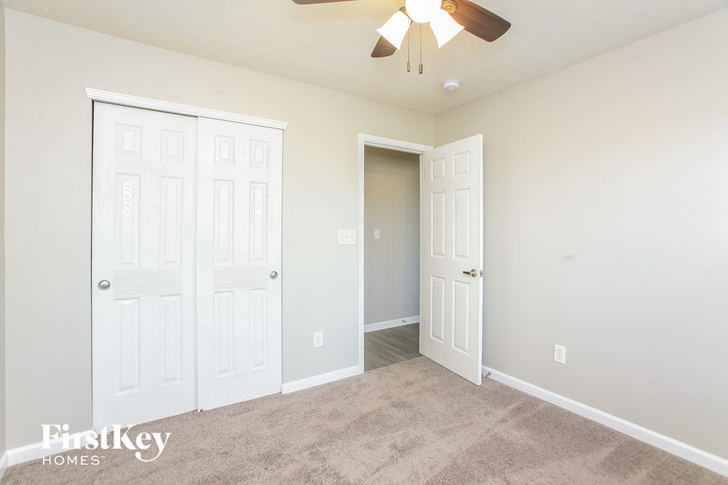 A room with a carpeted floor and a ceiling fan.