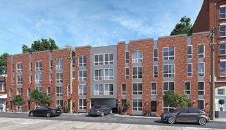 a rendering of an apartment building on a city street