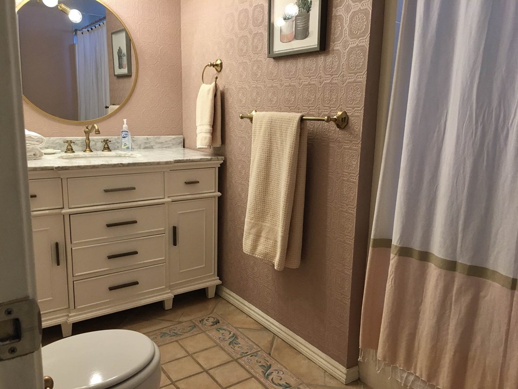 a bathroom with a sink toilet and towel rack and a shower