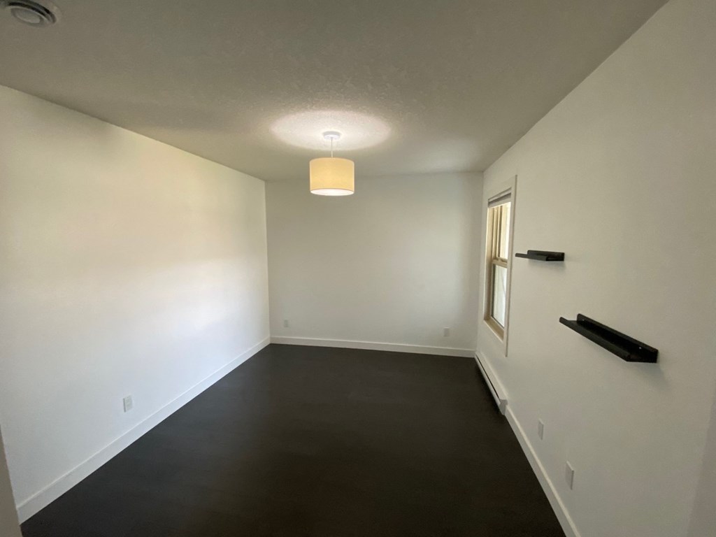 a room with white walls and a black carpet and a light on the ceiling