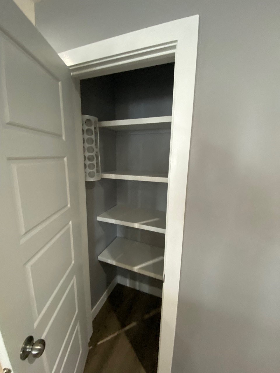 a small closet with shelves and a white door